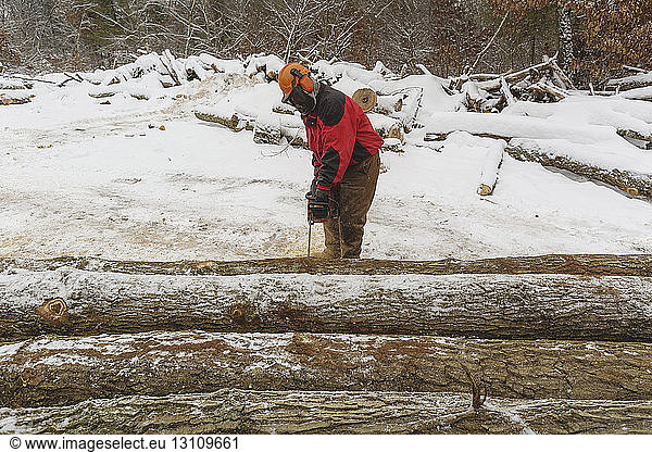 Männlicher Holzfäller schlägt im Winter Stämme im Wald