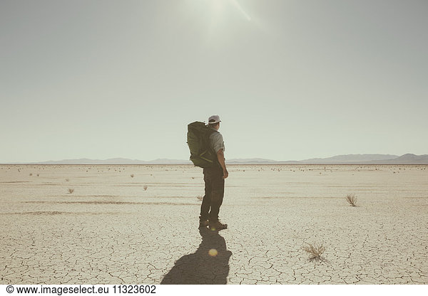 Männlicher Rucksacktourist beim Wandern in der weiten Wüste  Black Rock Wüste  Nevada