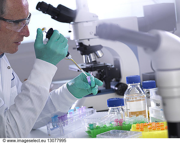 Männlicher Wissenschaftler pipettiert Proben in Fläschchen auf Tisch im Labor