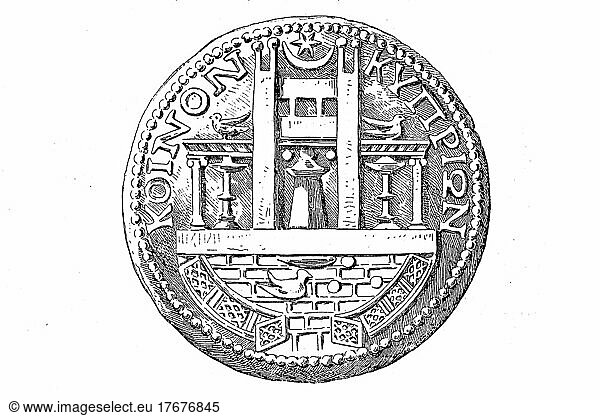 Münze aus Zypern mit der Ansicht des Tempel von Paphos  digital restaurierte Reproduktion von einer Vorlage aus dem 19. Jahrhundert  genaues Datum unbekannt