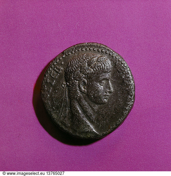 Münze von Nero  Rückseite: Kopf von Nero Laureate. Münze von Antiochia. Italien. Römisch. AD 56.