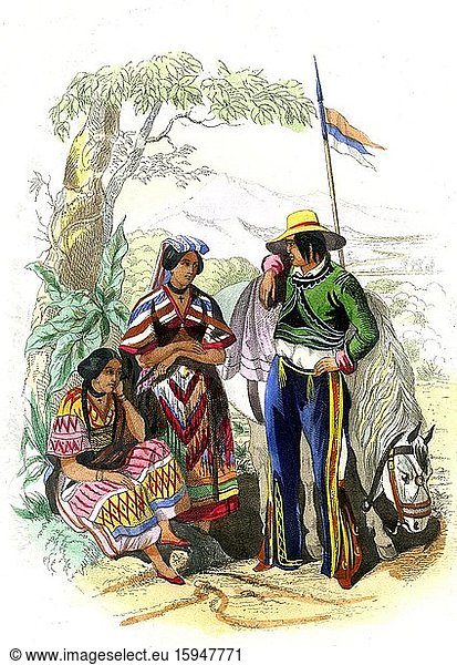 Métis Frauen aus Michoacan und Krieger  1843  Mexiko  Mittelamerika