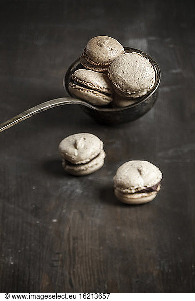 Macarons in soup ladle on wooden surface