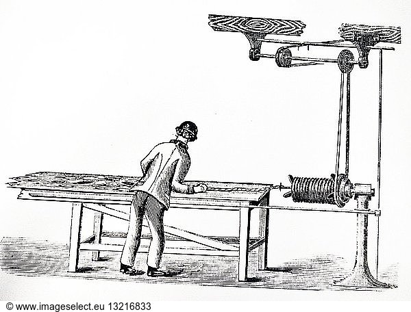 Machinery for spinning tobacco rolls (pigtail tobacco) in use at Thomas Cope's works  Liverpool  England. Engraving from ''The Mechanic's Magazine''  London  1869. This tobacco was used mainly for chewing but could also be smoked in a pipe.