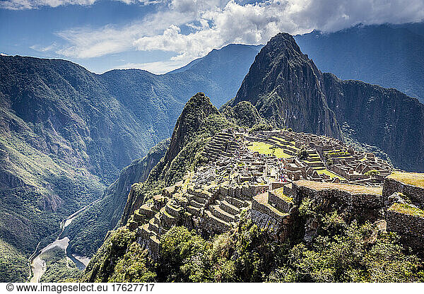 Machu Picchu  the Inca citadel high in the Andes  above the Sacred Valley  plateau with buildings and terraces.