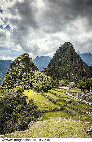 Machu Picchu  the Inca citadel high in the Andes  above the Sacred Valley  plateau with buildings and terraces.