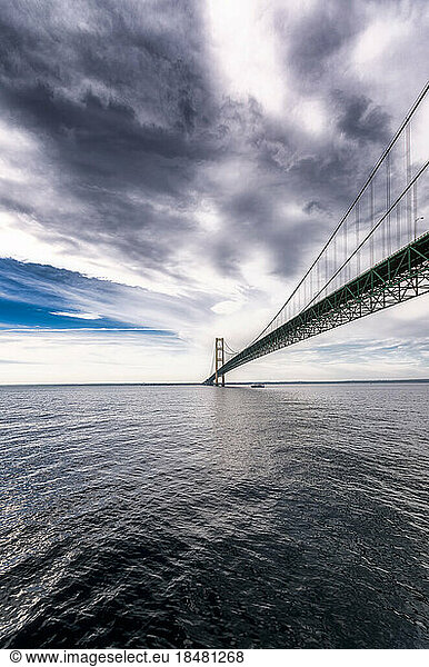 Mackinac Suspension Bridge crossing the straits of Mackinac connecting upper and lower peninsula of the US State of Michigan  USA