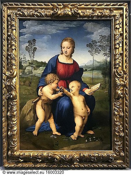 Madonna and Child with the young St. John the Baptist  by Raffaello Sanzio. Oil on wood panel. The Uffizi Gallery is a prominent art museum located adjacent to the Piazza della Signoria in the Historic Centre of Florence in the region of Tuscany  Italy. Photo: Andr? Maslennikov.