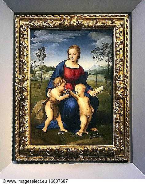 Madonna und Kind mit dem jungen Johannes dem Täufer  von Raffaello Sanzio. Öl auf Holzplatte. Die Uffizien sind ein bedeutendes Kunstmuseum in der Nähe der Piazza della Signoria im historischen Zentrum von Florenz in der Toskana  Italien. Foto: Andr? Maslennikov.
