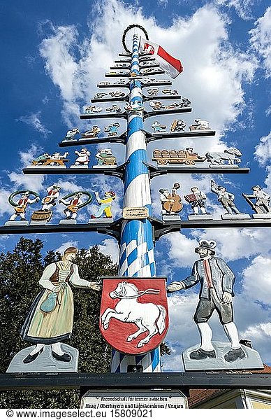 Maibaum mit Zunftzeichen  Haag in Oberbayern  Oberbayern  Bayern  Deutschland  Europa