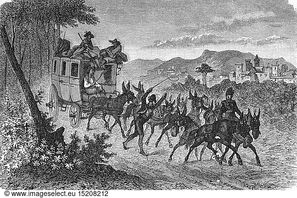 mail  mail coach  express mail van of the Spanish state post  wood engraving  2nd half 19th century  carriage  carriages  mule  team of mules  team  coachman  coach driver  coachmen  postilion  postillion  driving  express post  transportation  street  streets  transport  landscape  landscapes  Spain  people  mail  post  mail coach  mail coaches  historic  historical