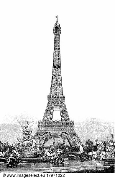 Main symbol of the fair  the Eiffel Tower  Exposition Universelle of 1889  World's Fair  Paris  France  Historic  digitally restored reproduction of an original 19th century artwork  Europe
