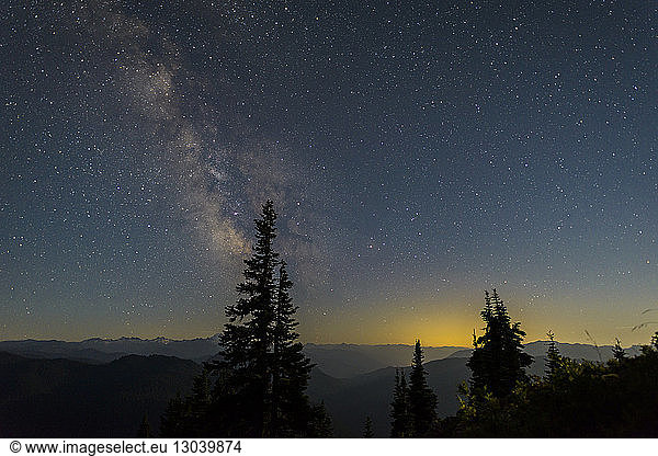 Majestic view of star field over landscape at Mount Rainer National Park