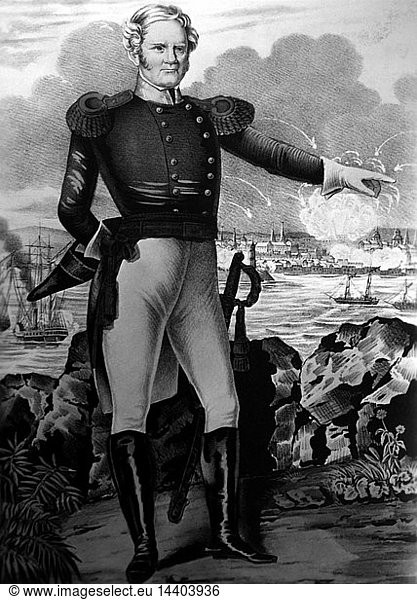 Major-General Winfield Scott (1786-1866) American soldier. During the Mexican-American War 1846-1848 Scott commanded the southern of America"s two armies. Scott pictured at the Battle of Veracruz  20 day siege of the city 9-29 March 1847  pointing to the warships in the harbour. American forces took the city and marched on to Mexico City. Thius was the first large-scale amphibious assault by the nited States forces. Lithograph.