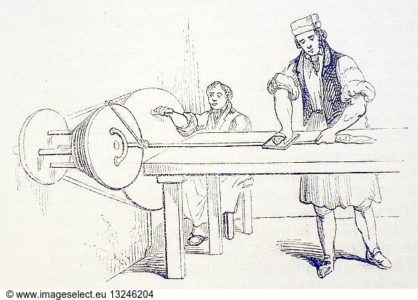 Making pigtail tobacco: the tobacco leaves are being spun into a long rope. A boy keeps a type of spinning wheel turning while the man at the bench adds more and more leaves to the rope. Pigtail was used mainly for chewing but could be smoked in a pipe. Wood engraving  London  1841.