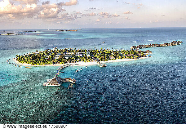 Maldives  Lhaviyani Atoll  Helicopter view of tourist resort on Hurawalhi Island