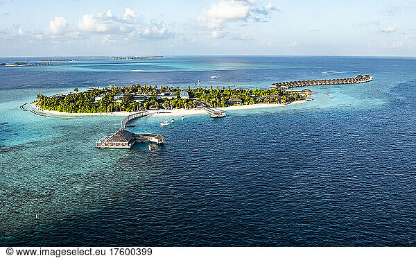 Maldives  Lhaviyani Atoll  Helicopter view of tourist resort on Hurawalhi Island