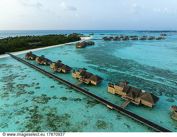Maldives  North Male Atoll  Lankanfushi  Aerial view of bungalows of tropical tourist resort