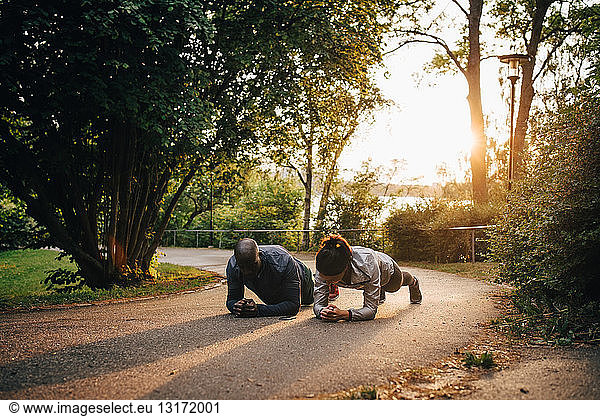 Male and female athletes doing planks on road in park during sunset