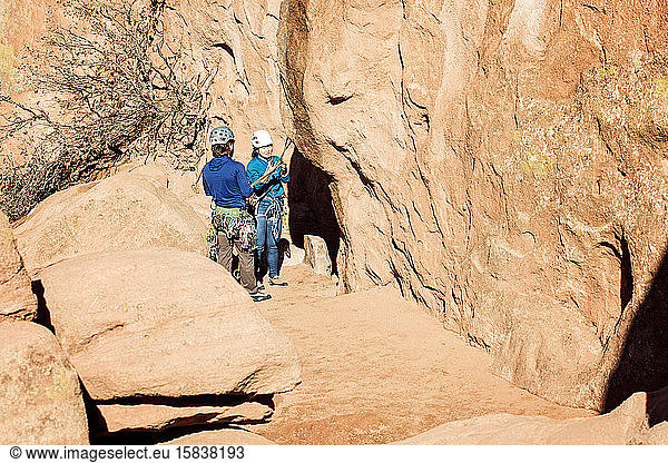 Male and Female Rock Climbers at Garden of the Gods Colorado