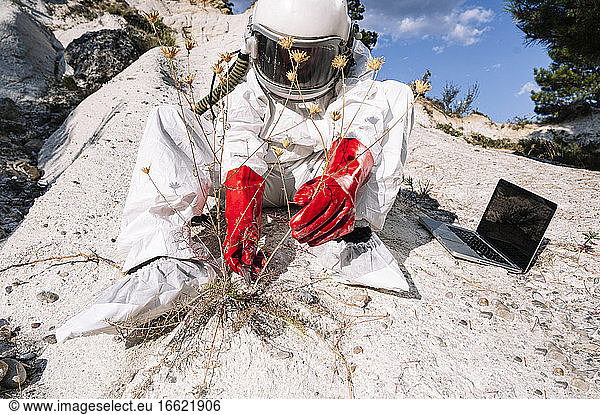 Male astronaut picking plant while sitting with laptop on mountain