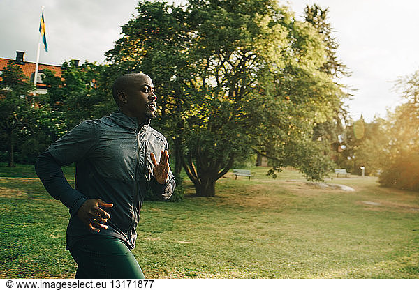 Male athlete jogging at park during sunny day