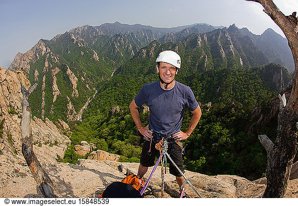 Male climber at belay stand in Seroksan National park