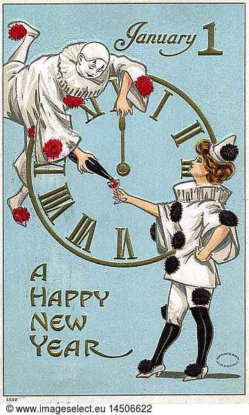 Male Clown Pouring Wine  Female Clown Holding Wine Glass  Clock  January 1  A Happy New Year  Postcard  1910