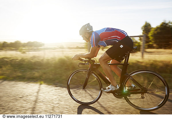Male cyclist cycling on sunny sunrise rural road