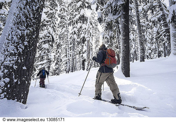 Male friends skiing on snowcapped mountain