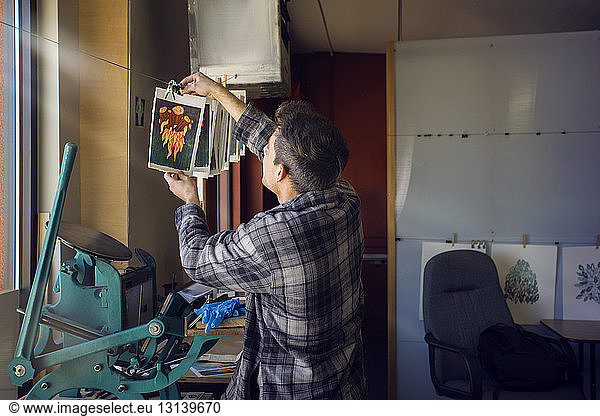 Male lithograph worker hanging prints to dry at workshop