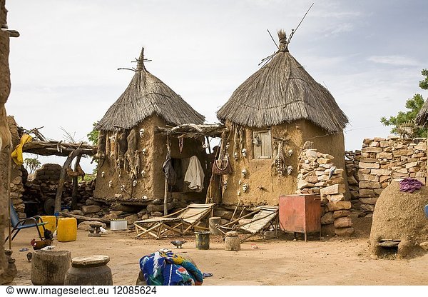 Mali. Dogon Country. Begnimato village. Barns erected with wood and adobe. Animal skulls and skins hang from their walls. This is a characteristic trait of animist religions