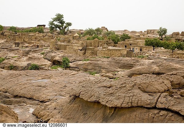 Mali  Dogon Country. Dwellings and barns erected with wood  adobe and stone in the village of Daga. Detail of the geology of the land.