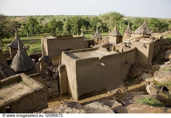 Mali  Dogon Country. Dwellings and barns erected with wood  adobe and stone in the village of Tireli  below Bandiagara Escarpment.