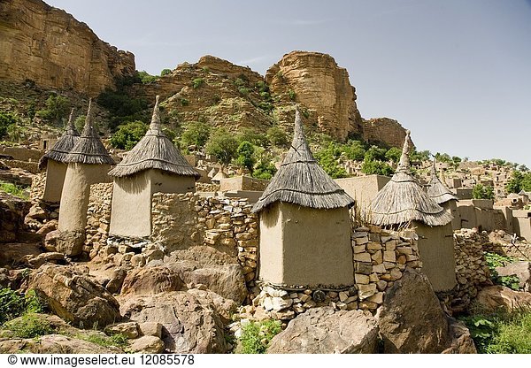 Mali. Dogon Country. Tireli village. Dwellings and barns erected with wood  adobe and stone. On background is the rock face of Bandiagara escarpment.
