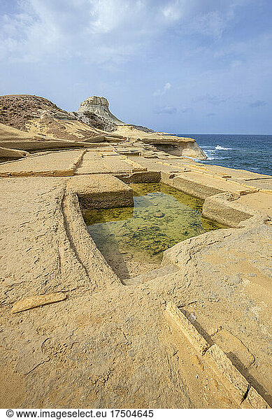 Malta  Gozo  Marsalforn  Salt evaporation pond of Qolla l-Bajda Battery