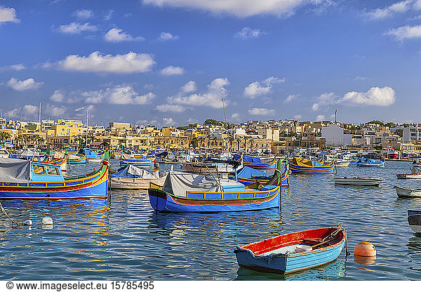 Malta  Marsaxlokk  Fishing town port with traditional Luzzu boats
