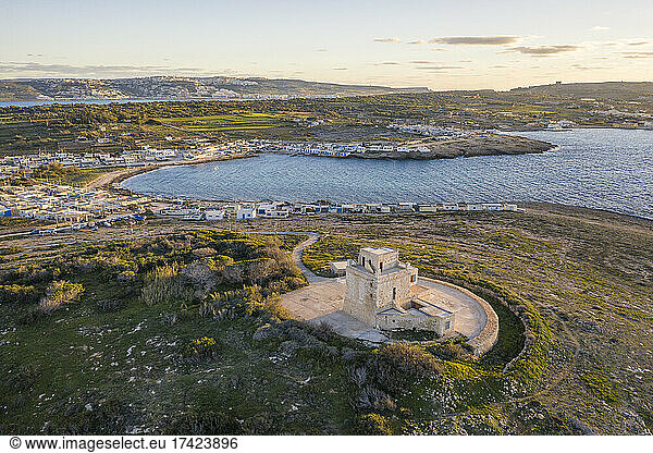 Malta  Northern Region  Mellieha  Aerial view of Ahrax Tower and Armier Bay at dusk