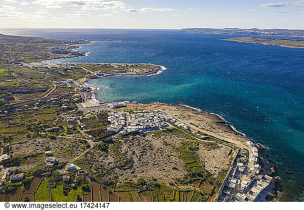 Malta  Northern Region  Mellieha  Aerial view of blue bay and coastal town