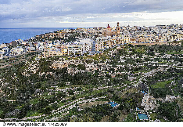 Malta  Northern Region  Mellieha  Aerial view of coastal town