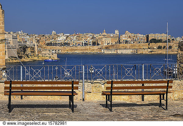 Malta  Valletta  City skyline and Grand Harbour from viewpoint with benches