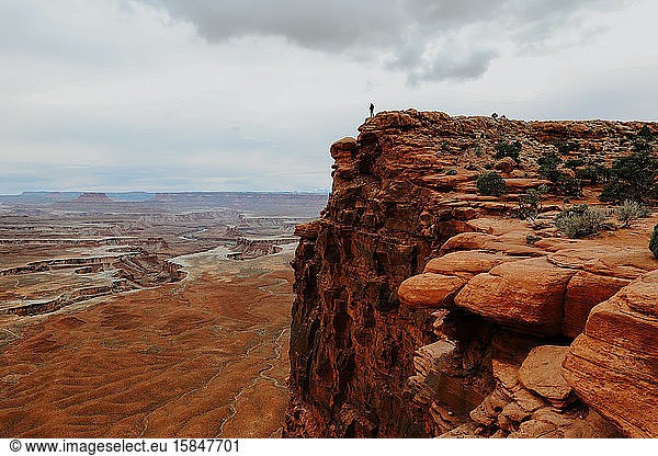 Man alone in far distance standing on large rock ledge over canyonland