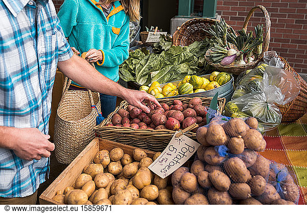 Man and woman gather potatoes at farmers market