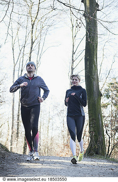 Man and woman jogging on fitness trail in forest