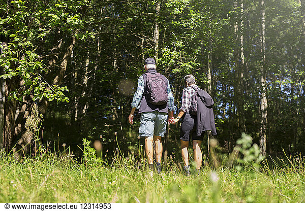 Man and woman walking in meadow