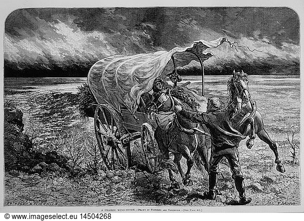 Man and Woman With Covered Wagon on Prairie During Windstorm  A Prairie Wind-Storm  Harper's Weekly  May 30  1874