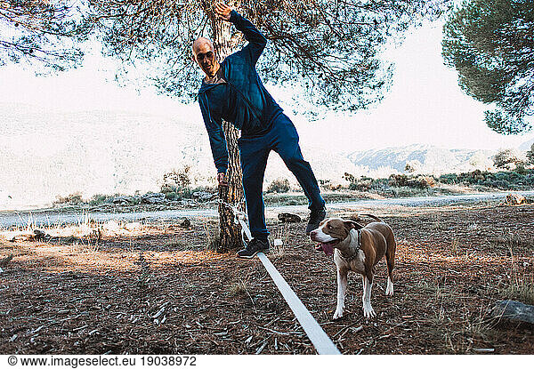 Man balancing on slackline with pitbull in forest in Granada  Spain