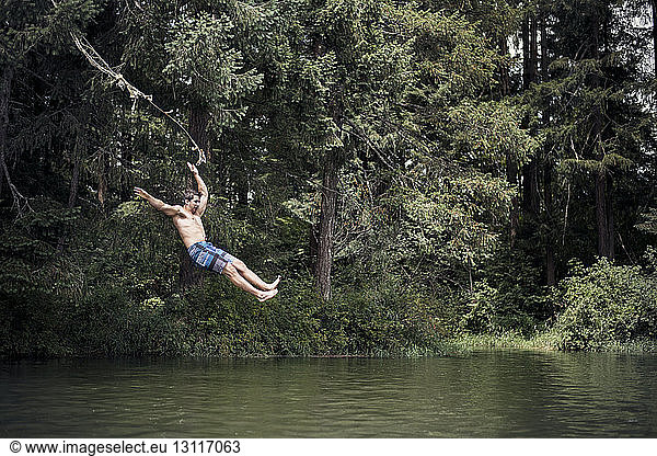Man diving into lake by trees at forest