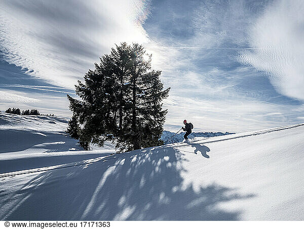 Man doing ski tour on Karkopf  Lattengeburge  Berchtesgadenerland  Germany