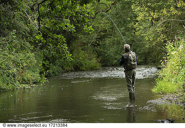Man fly fishing at tranquil green river